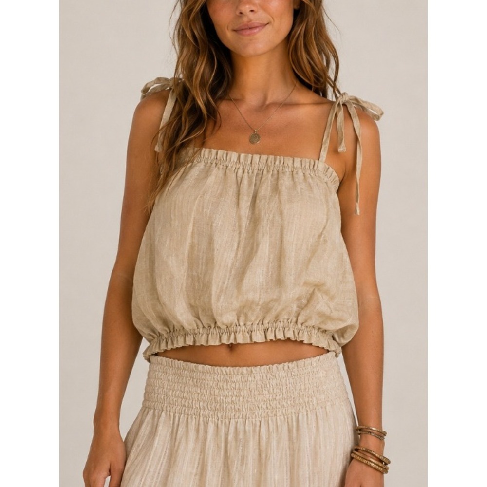 NEW Myrah Penaloza Tan 100% Linen Handmade Bali Boho Tie Strap Ruffle Crop Top